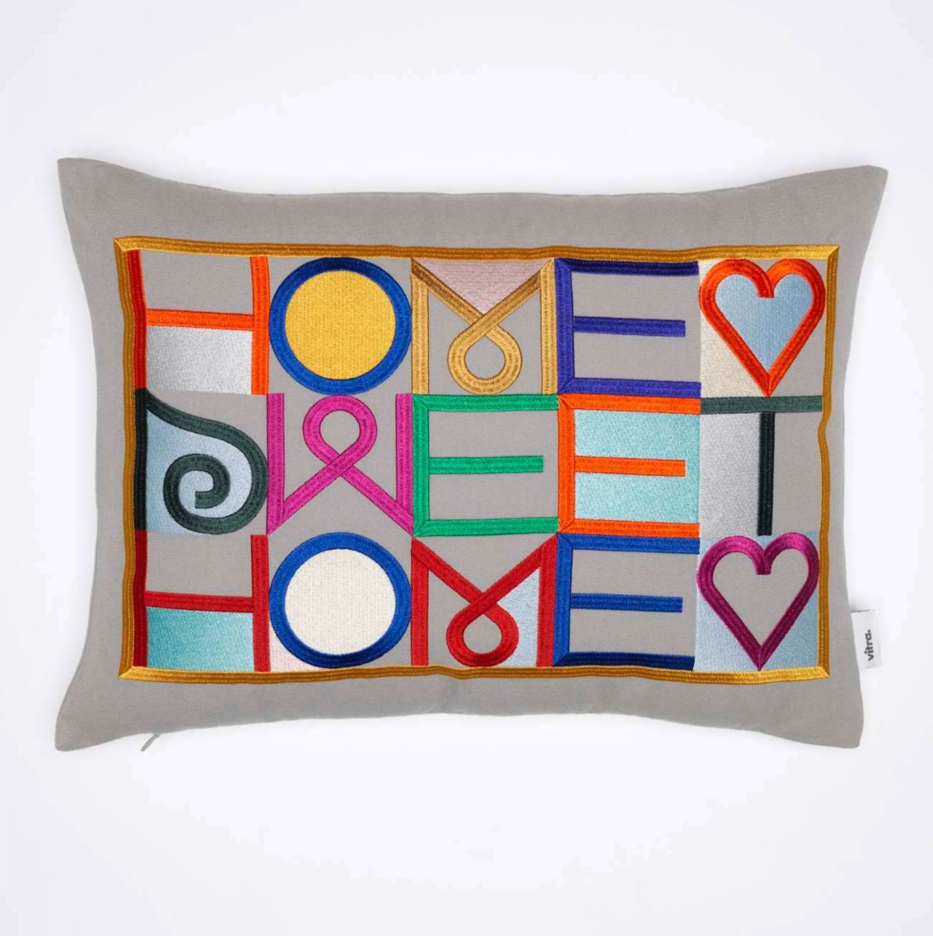 Graues Embroidered Pillow Kissen von Vitra mit bunter "Home Sweet Home" Stickerei.
